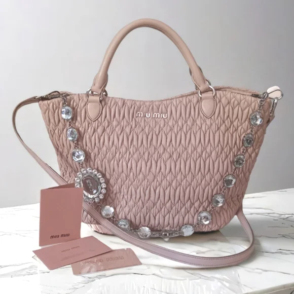 Miu Miu Nappa Matelasse Swarovski Crystal Tote Cammeo EUC - Picture 16 of 16